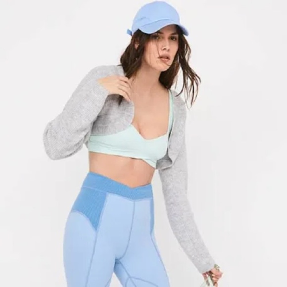 Stylish Gray Shrug and Blue Activewear Set